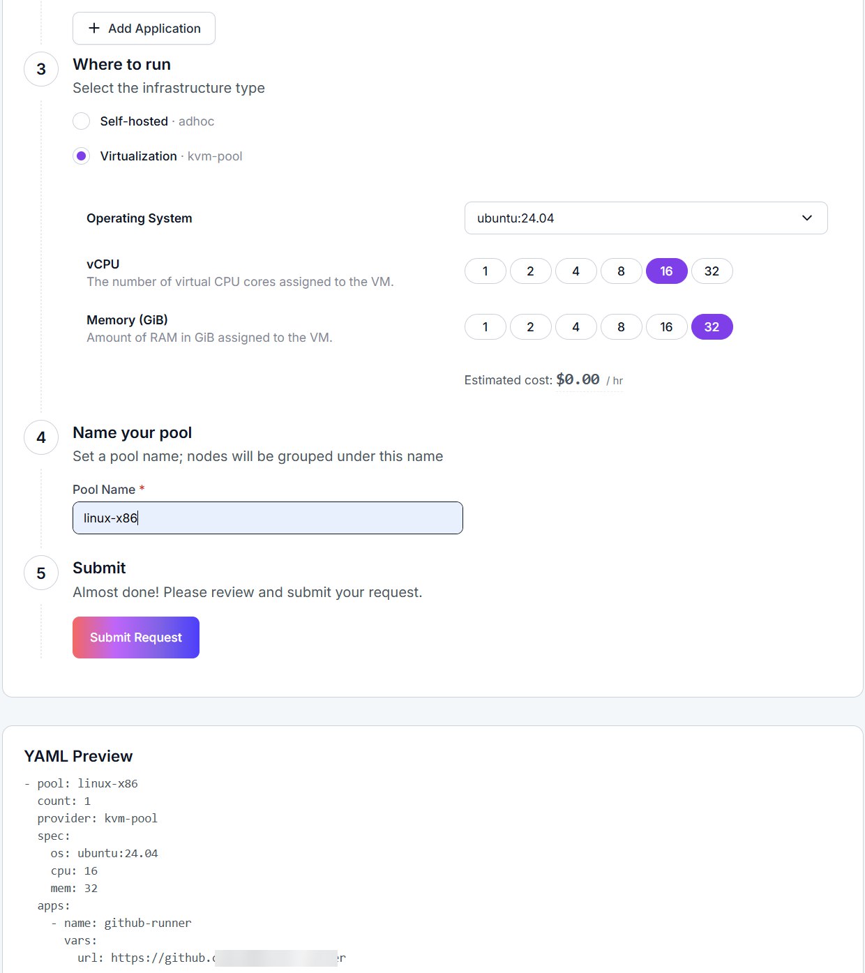 The pool page after apply: nodes appearing, agents registering, and the audit list of spec changes
