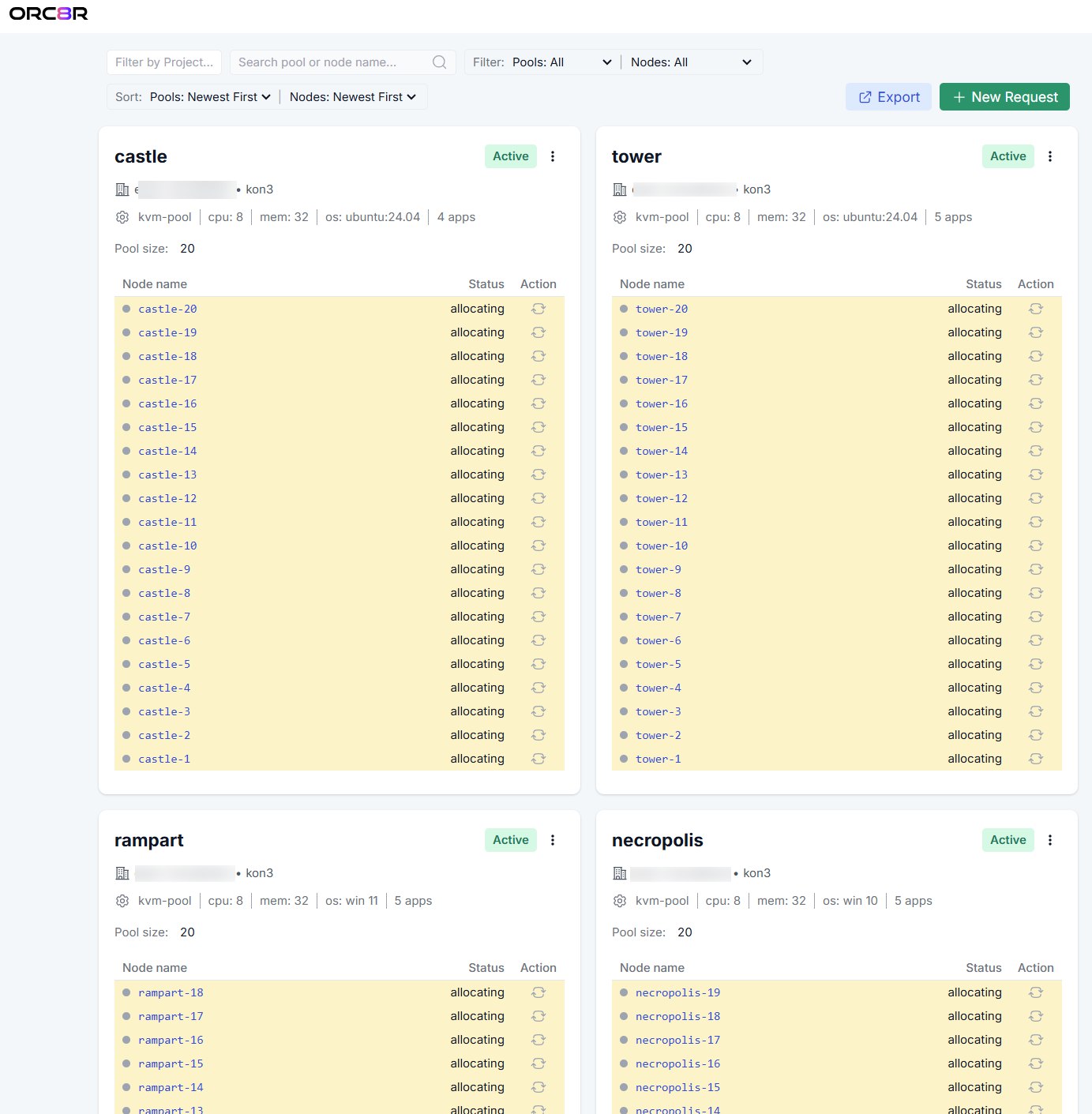 The pools page listing the studio's Linux and Windows pools side by side